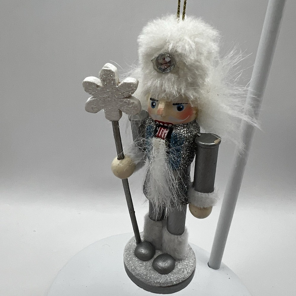 Nutcracker Ornament White Silver Glitter 3" Vtg